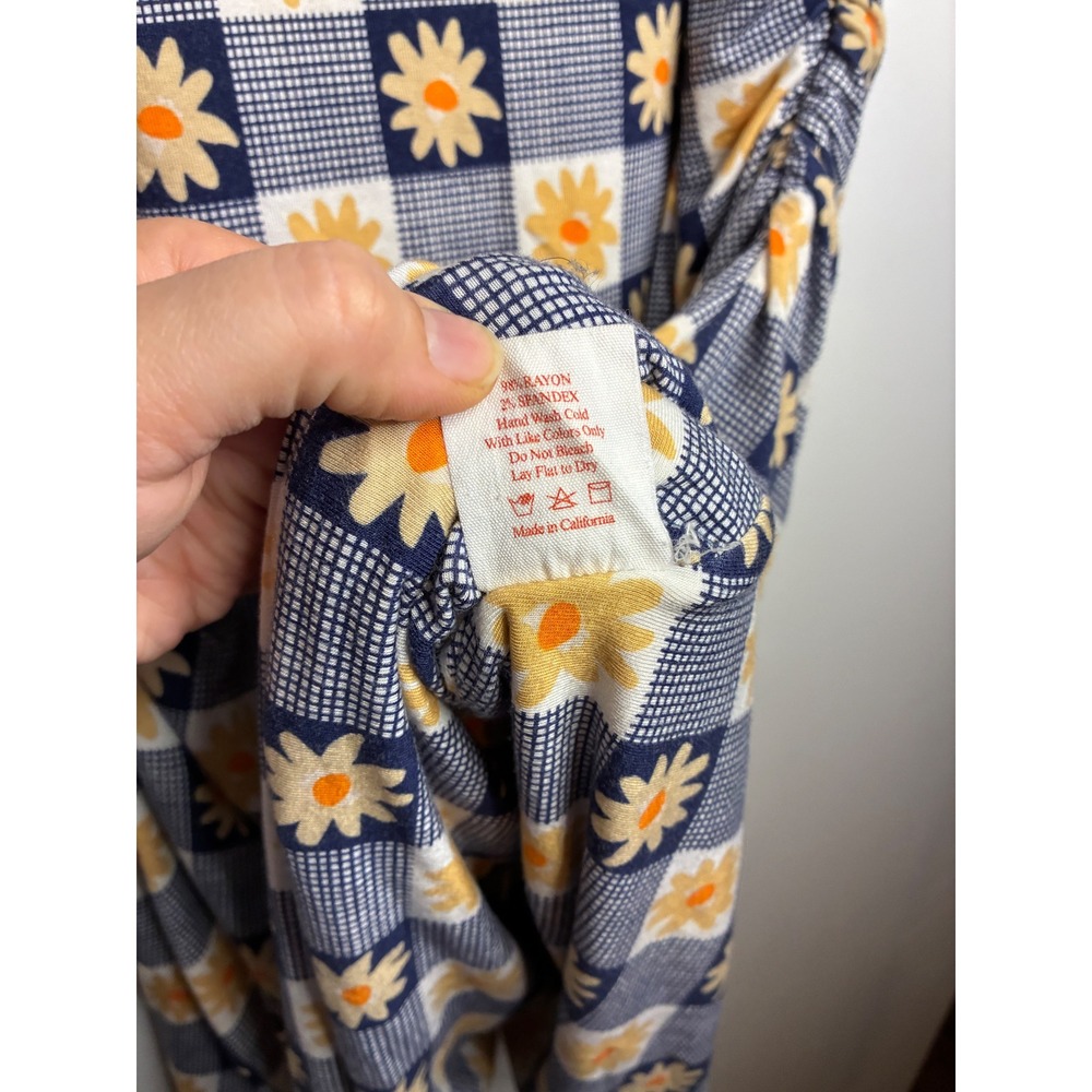 Lisa Says Gah Dress Women 2XL Blue White Daisy Gingham Ruched Back Midi Tank - Picture 4 of 8